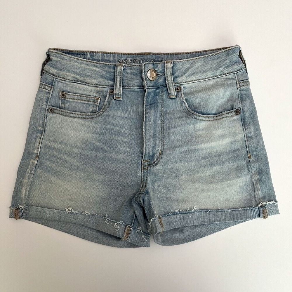 American Eagle Light Denim Rolled Shorts, American Eagle Raw Hem Light Blue V2